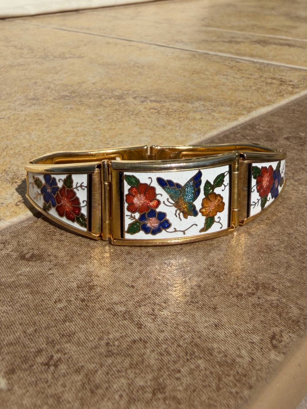 Vintage Colorful Gold Oriental Enamel Butterfly Floral Chinoiserie Link Bracelet